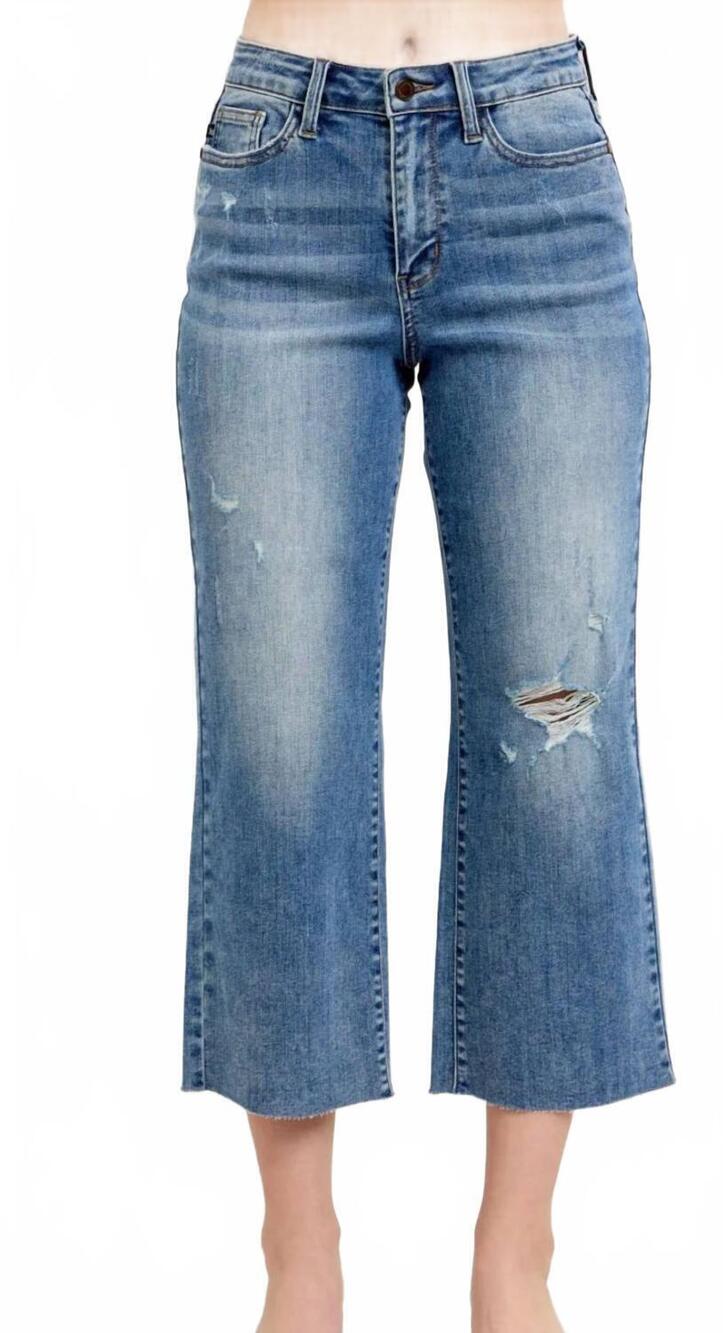 NEW JUDY BLUE high waist raw hem crop jeans in medium wash
